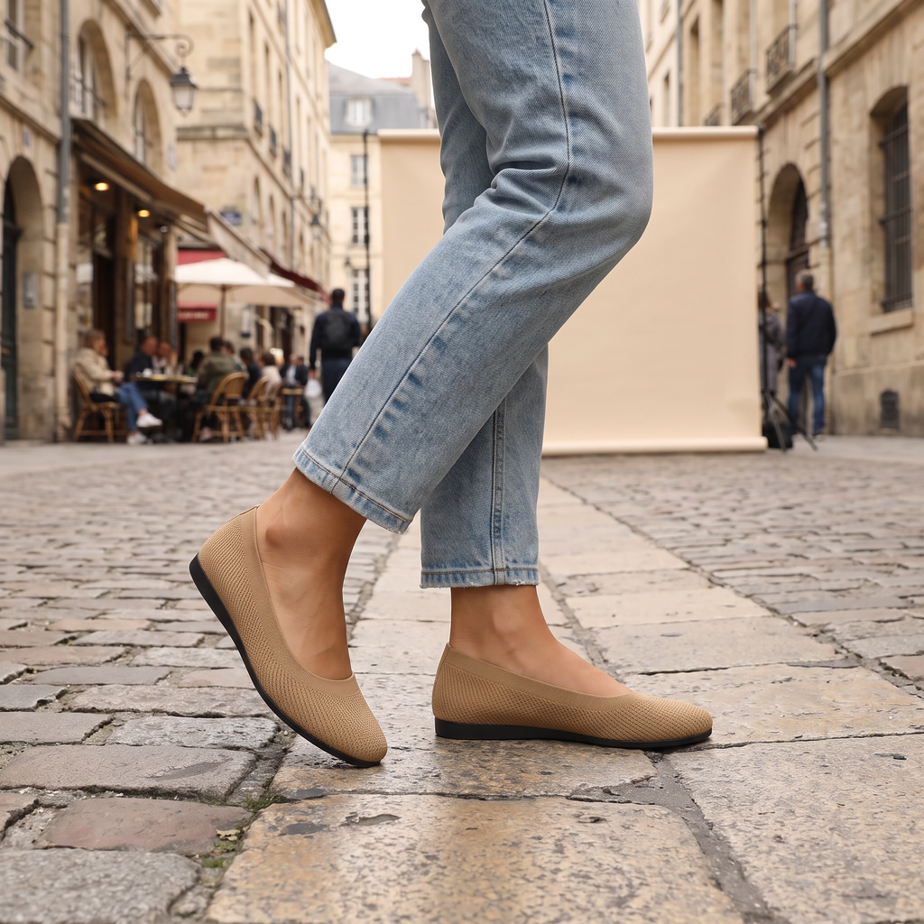 Ballerine donna in maglia beige indossate in contesto quotidiano