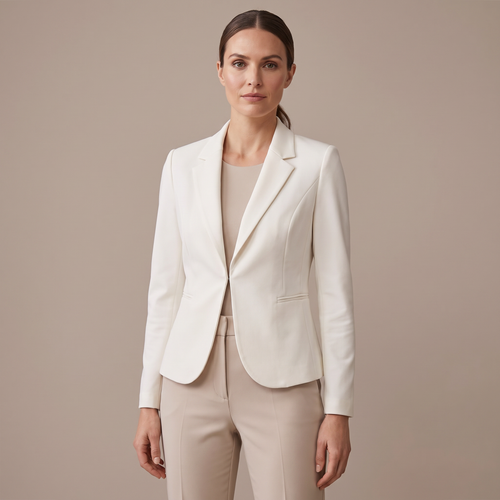 Blazer donna bianco aperto con revers e orlo arrotondato, indossato