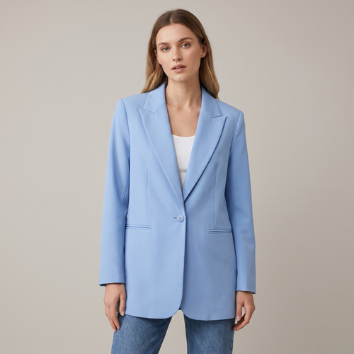 Donna che indossa un blazer lungo blu chiaro con revers a punta
