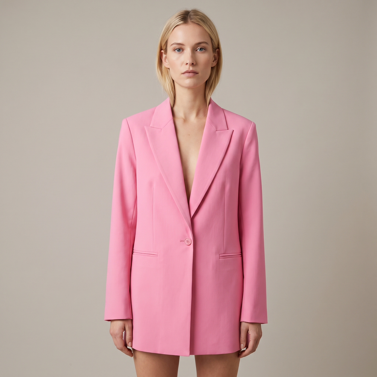 Donna che indossa un blazer lungo rosa con revers a punta