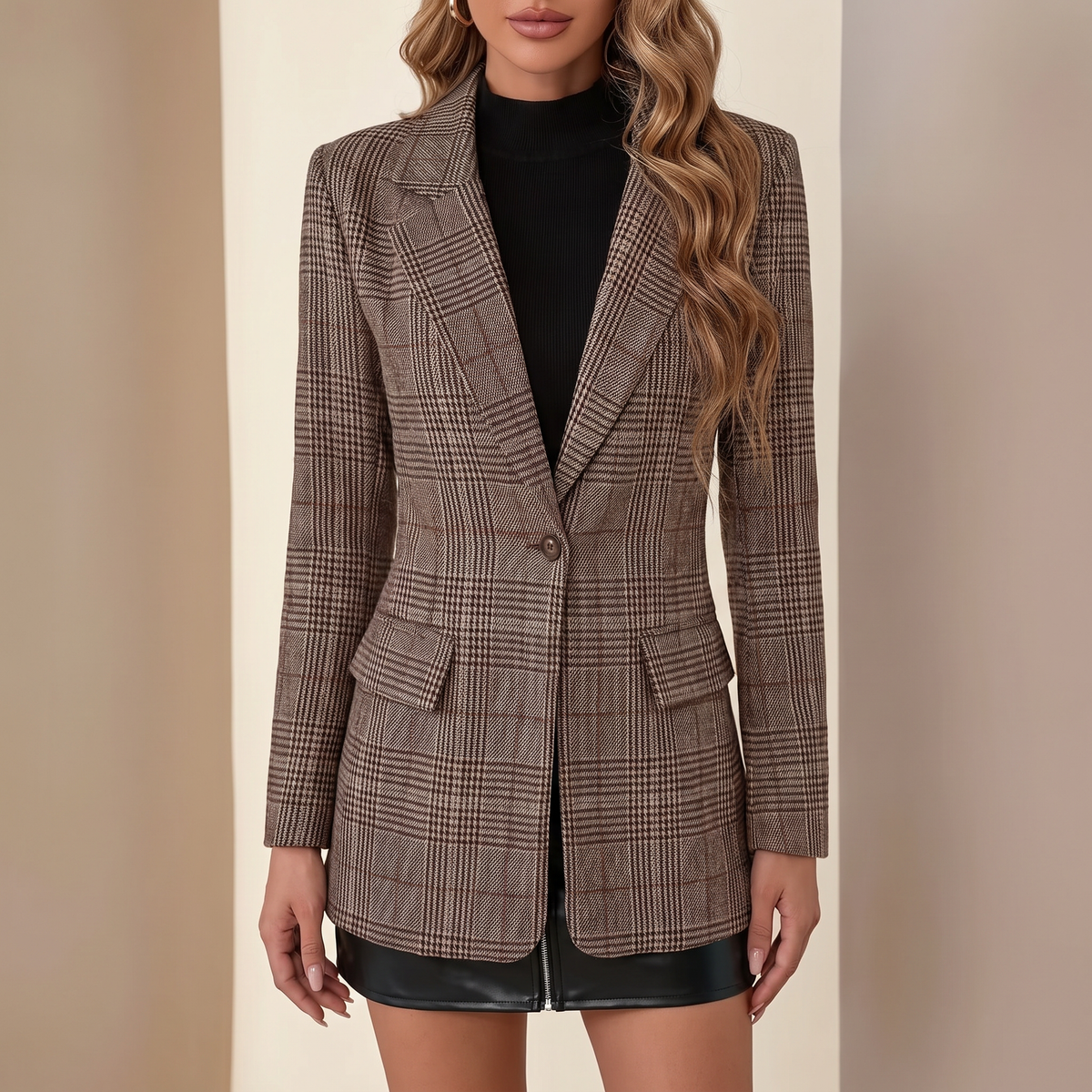 Blazer donna monopetto a quadri, colore marrone, scatto editoriale