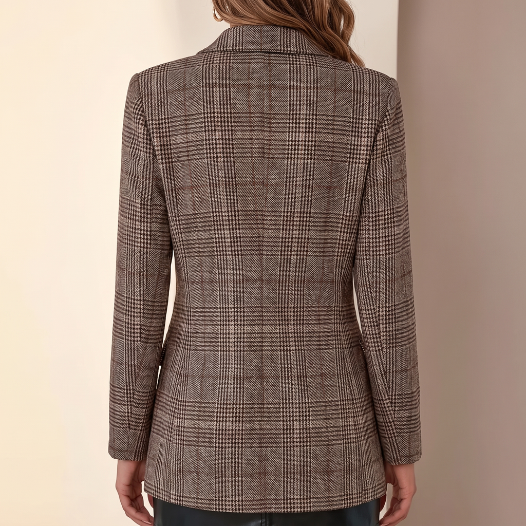 Blazer donna monopetto a quadri, colore marrone, vista posteriore