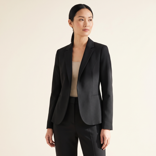 Blazer donna nero aperto con revers e orlo arrotondato, indossato