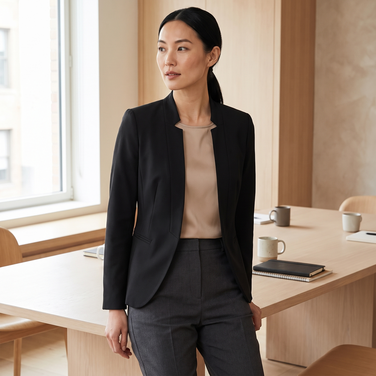 Blazer donna nero indossato con pantaloni sartoriali in un ufficio luminoso