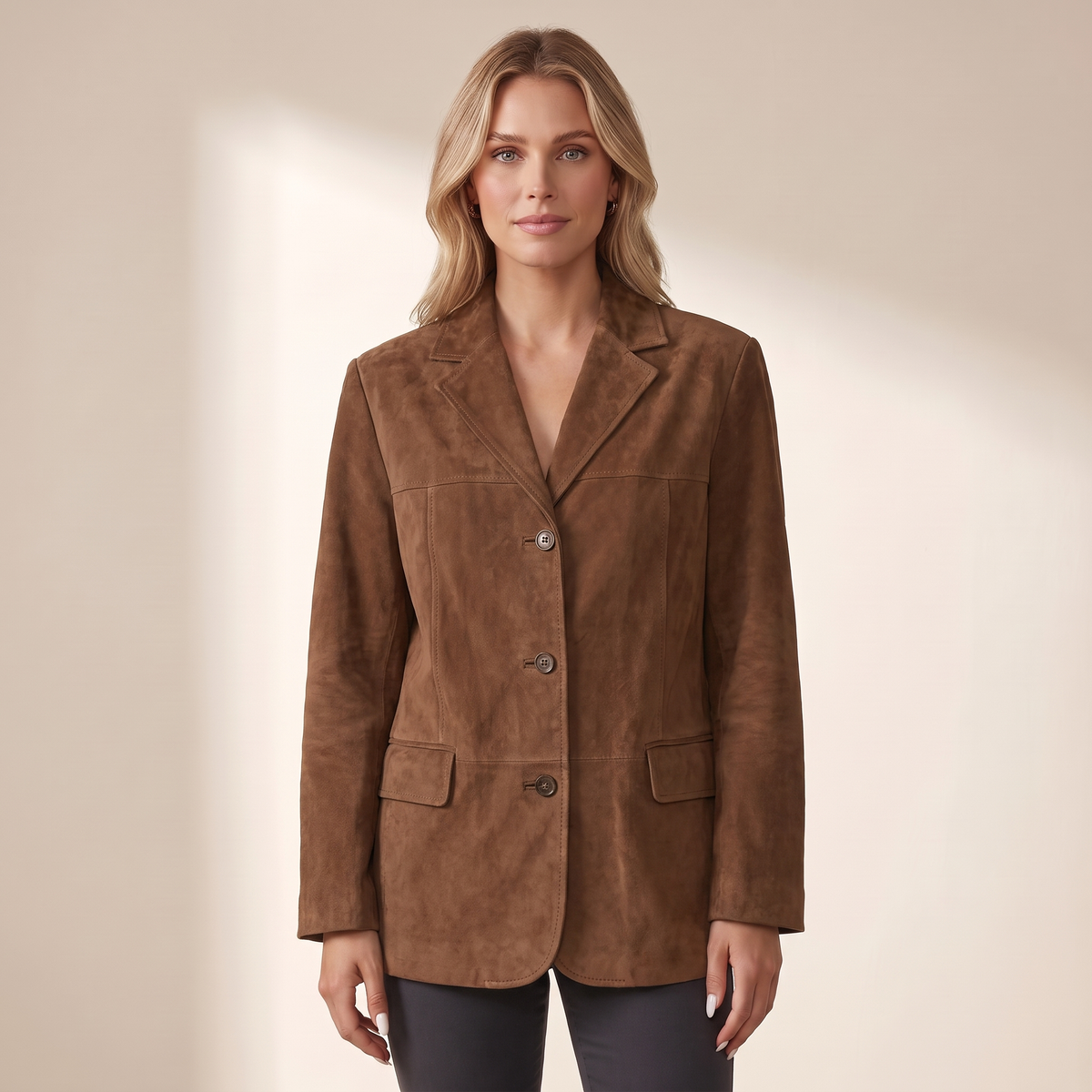 Blazer donna oversize marrone effetto scamosciato, vista frontale