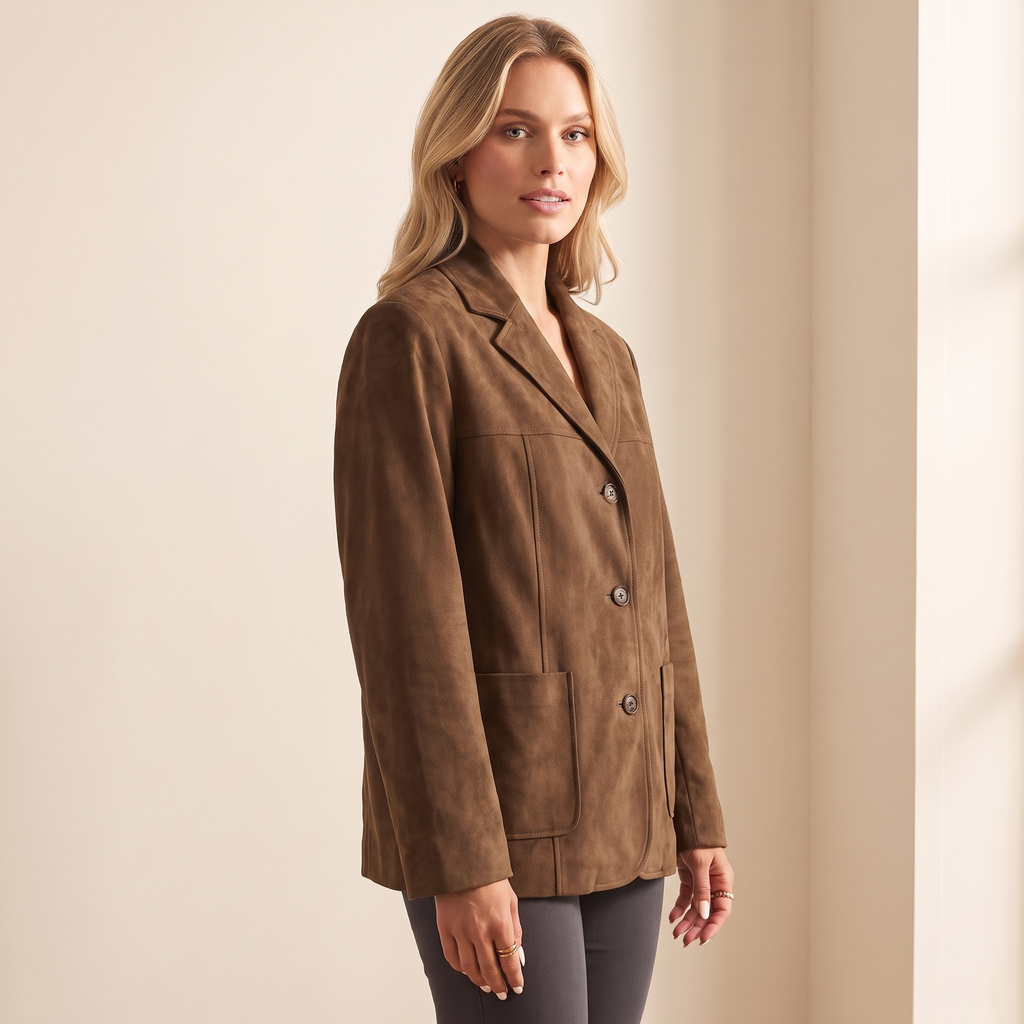 Blazer donna oversize marrone effetto scamosciato, vista di tre quarti