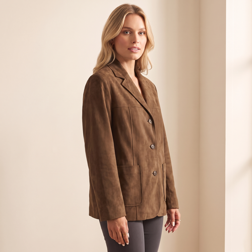 Blazer donna oversize marrone effetto scamosciato, vista di tre quarti