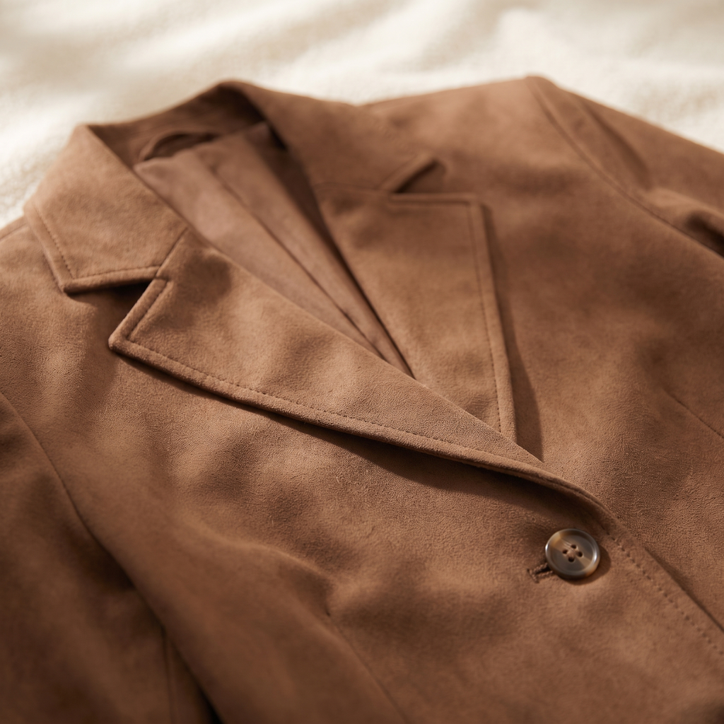 Dettaglio del revers e del bottone frontale del blazer donna effetto scamosciato