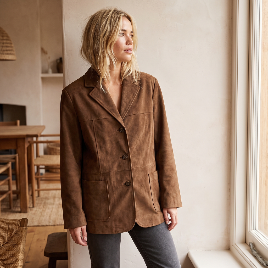 Modella indossa il blazer donna oversize marrone effetto scamosciato in un interno luminoso
