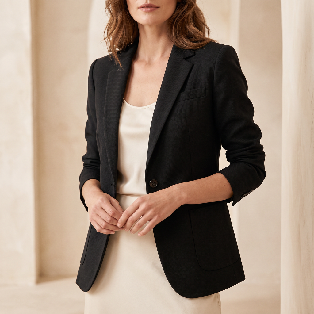 Blazer donna slim fit con revers classici in nero, indossato