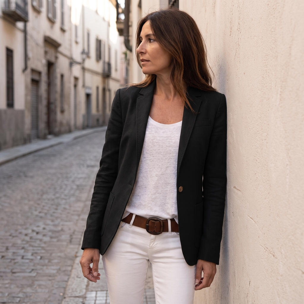 Blazer donna slim fit in nero indossato in città