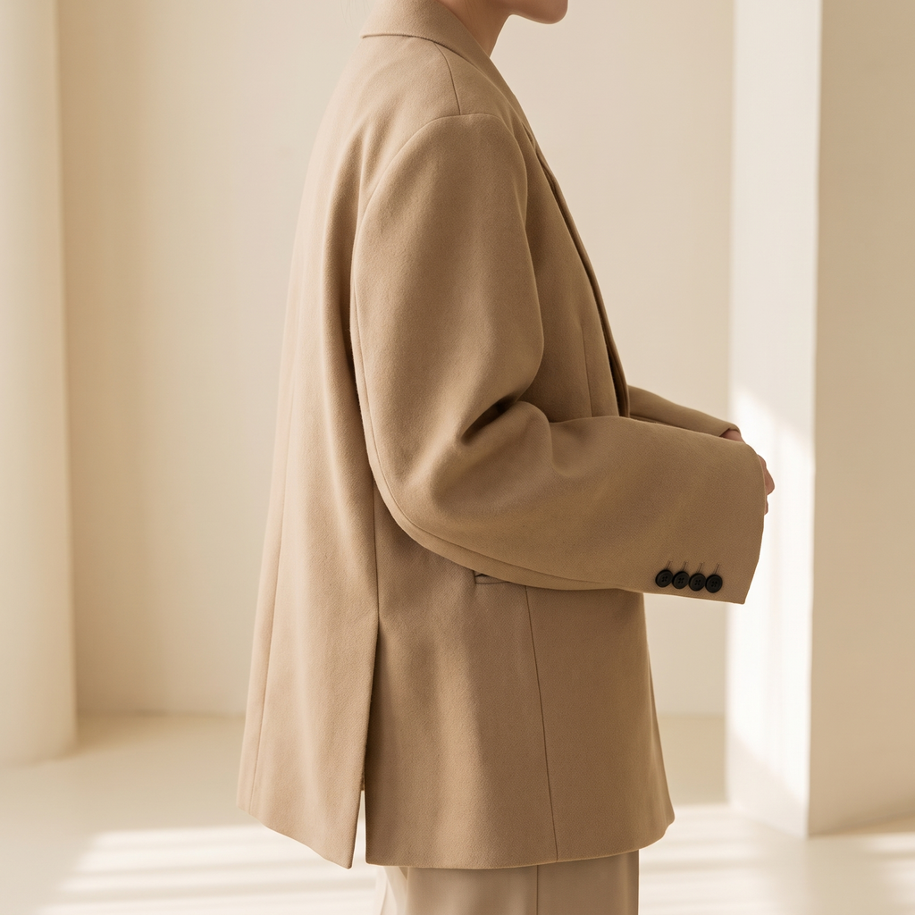 Blazer donna oversize beige, vista laterale a tre quarti