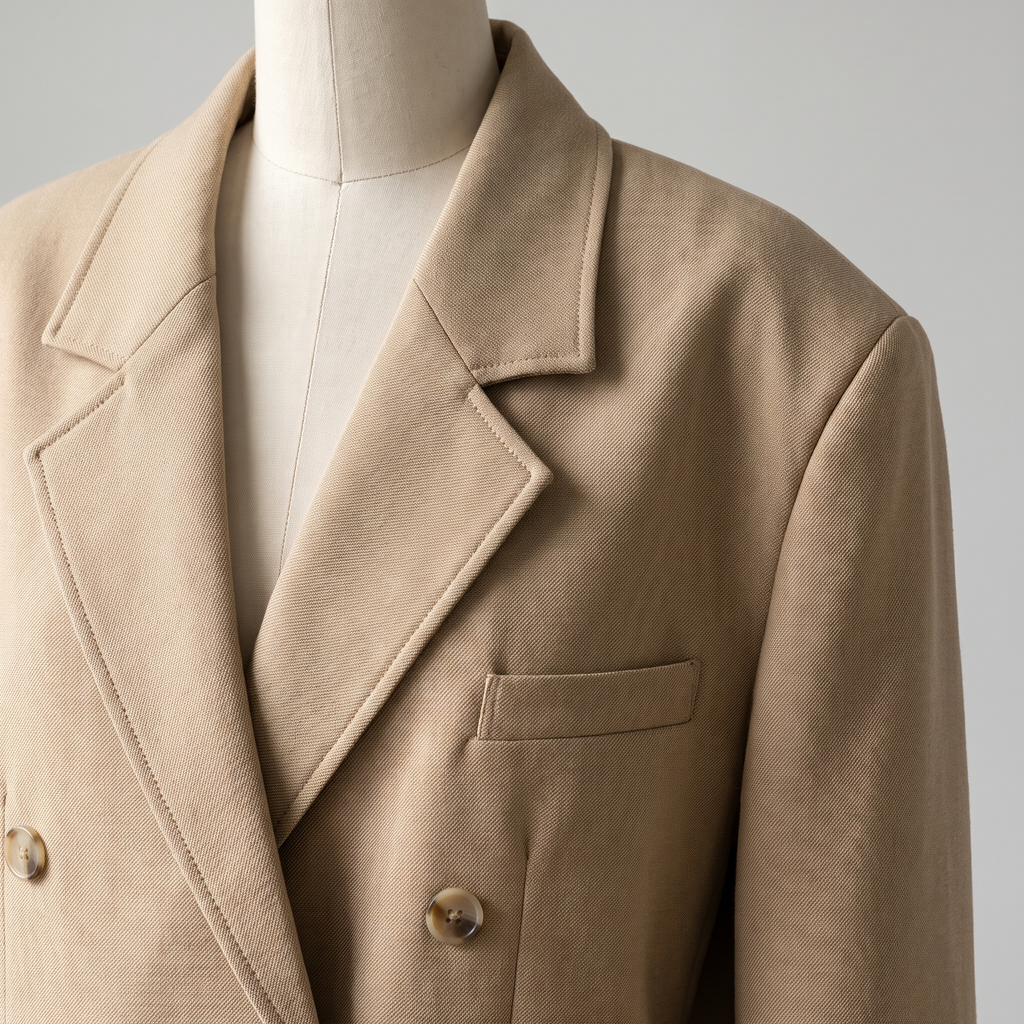 Dettaglio del colletto a revers e del bottone del blazer donna beige