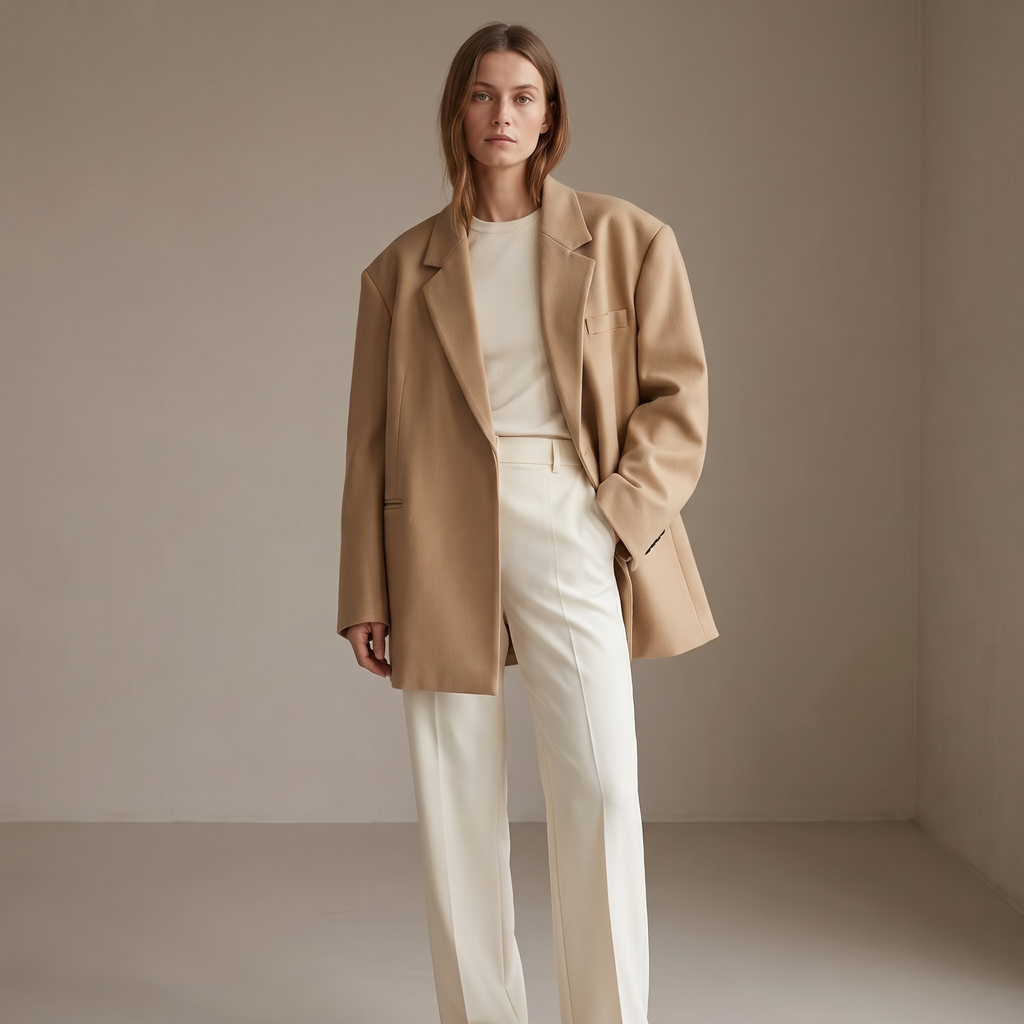 Blazer donna oversize beige indossato, figura intera