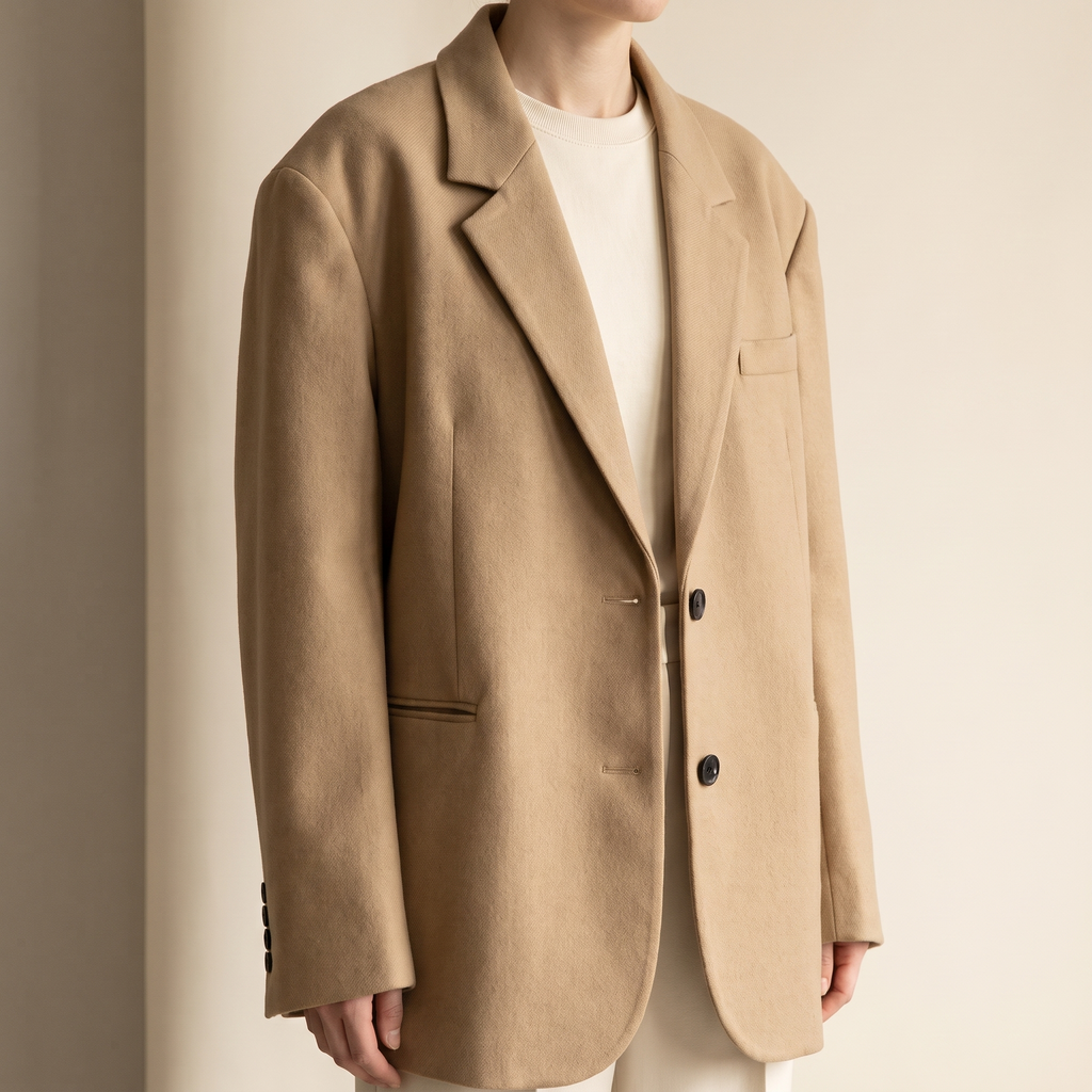 Blazer donna oversize beige con colletto a revers, vista frontale