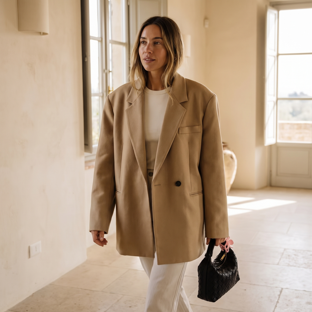 Blazer donna oversize beige indossato in un ambiente luminoso
