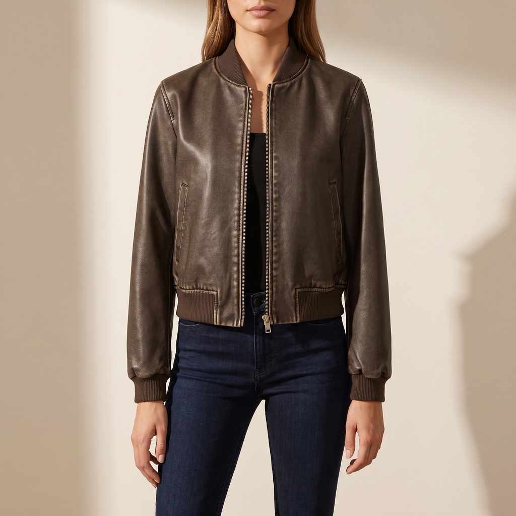 Bomber donna color caffè con colletto strutturato e zip frontale, vista frontale