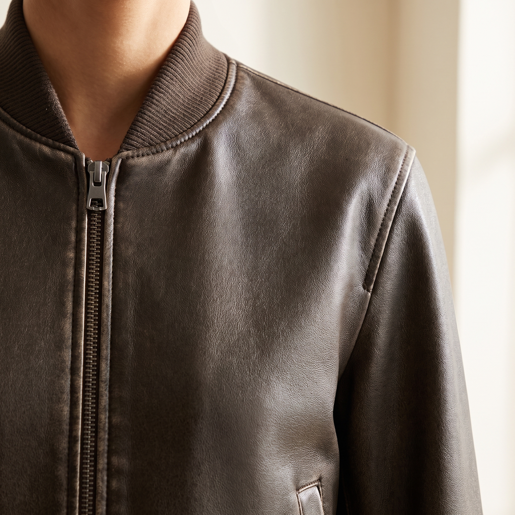 Dettaglio del colletto e della zip frontale del bomber donna color caffè