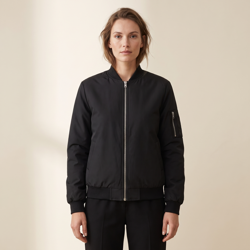 Bomber donna nero vintage con zip frontale, vista frontale
