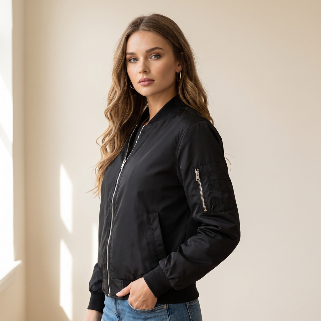 Bomber donna nero vintage, vista di tre quarti