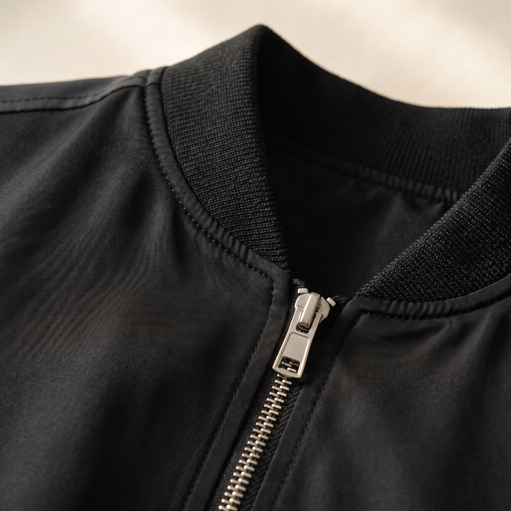 Dettaglio del collo a coste e della zip del bomber donna nero