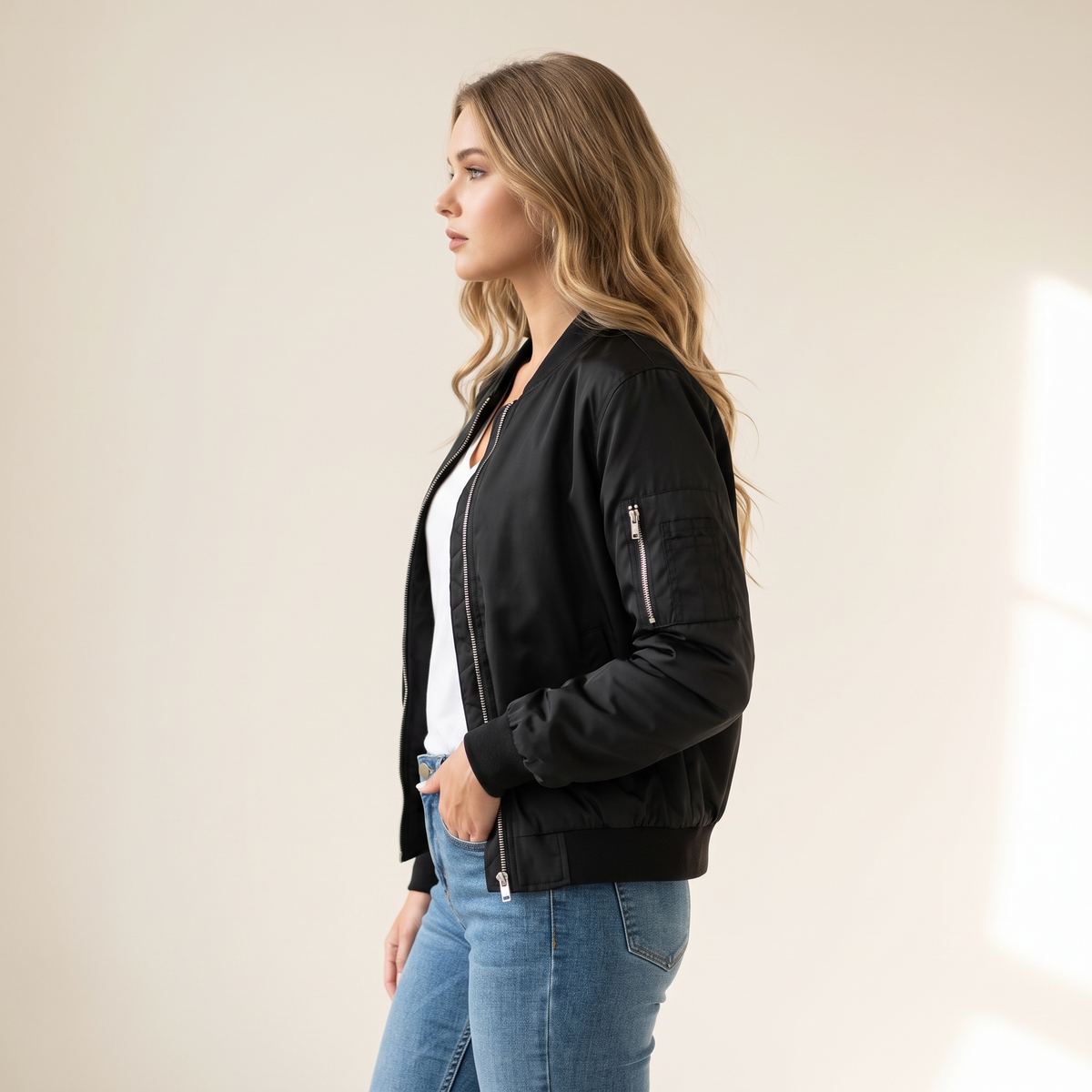 Bomber donna nero vintage, profilo laterale