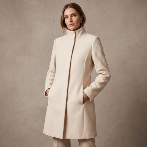 Cappotto donna mezza lunghezza con collo alto in crema, indossato