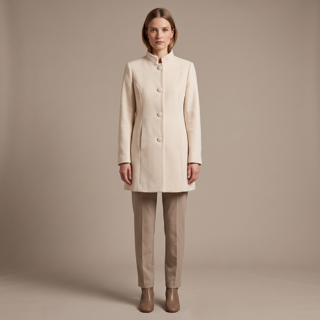 Cappotto donna mezza lunghezza in crema, vista intera