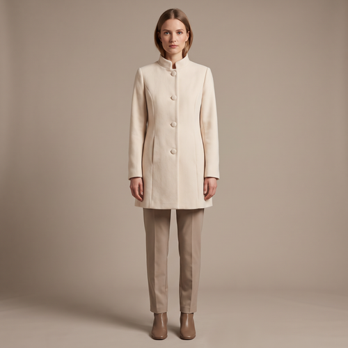 Cappotto donna mezza lunghezza in crema, vista intera