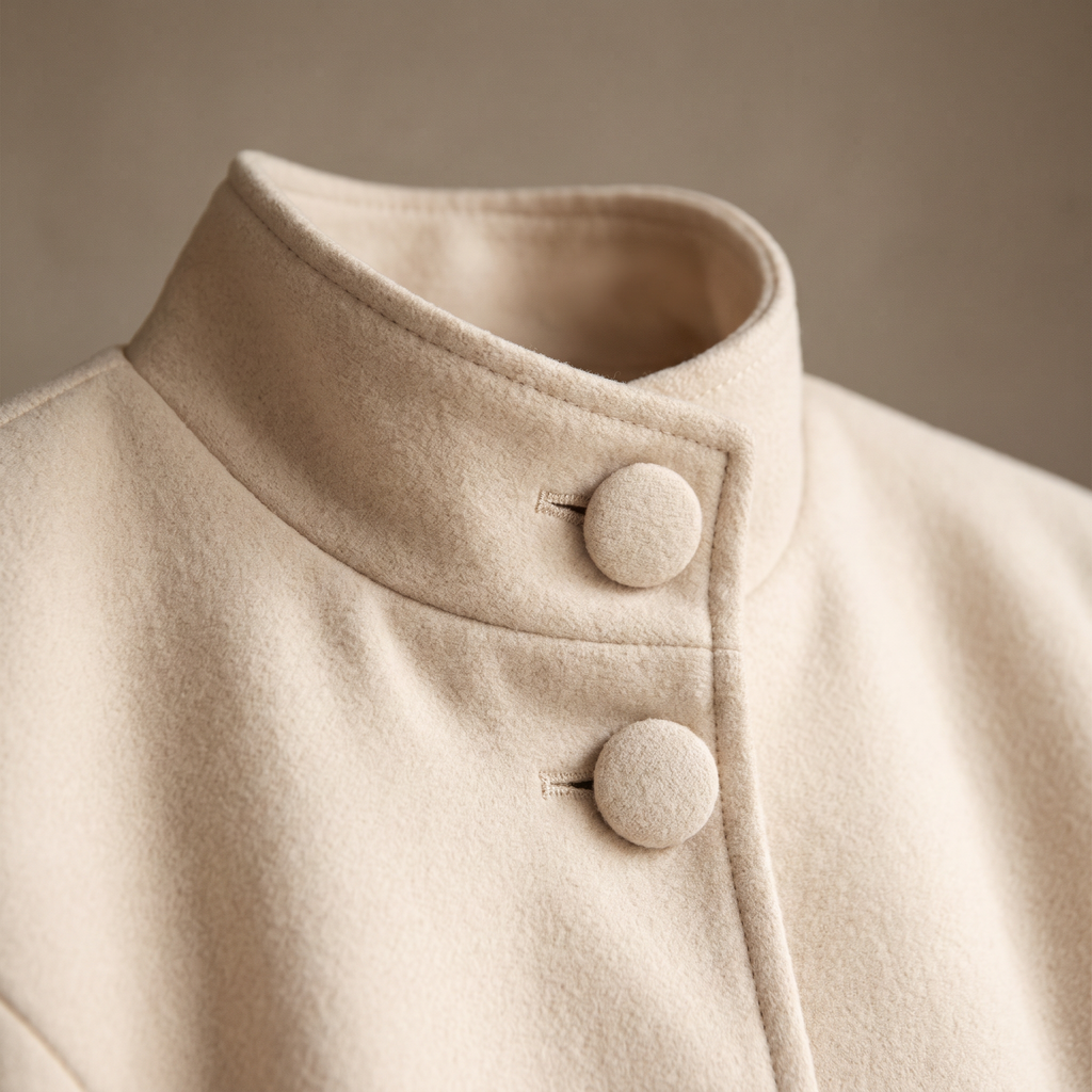 Dettaglio del collo alto e dei bottoni del cappotto donna crema