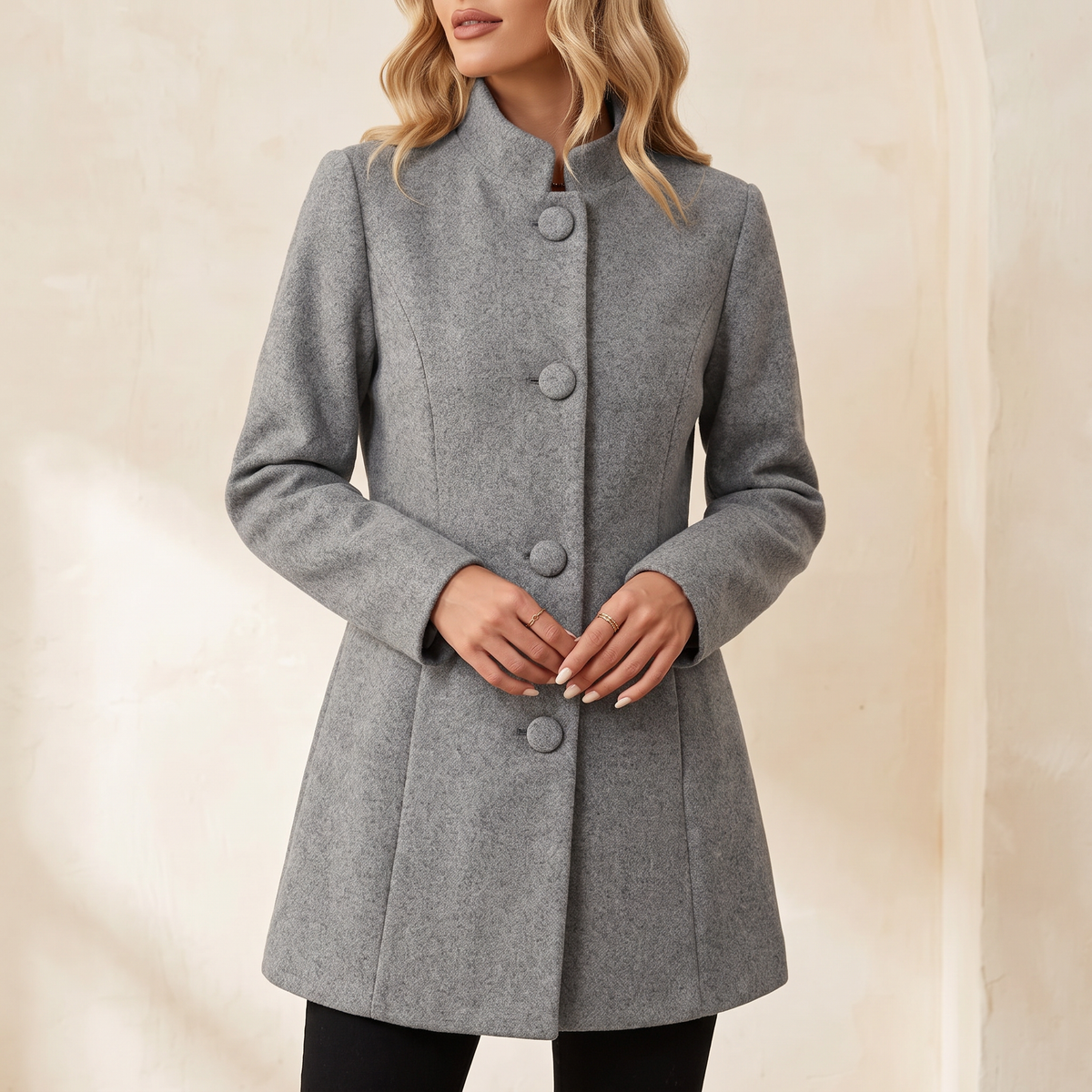 Cappotto donna mezza lunghezza con collo alto in grigio