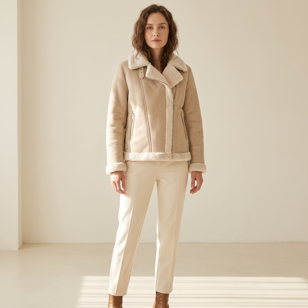 Cappotto donna corto effetto scamosciato beige indossato a figura intera