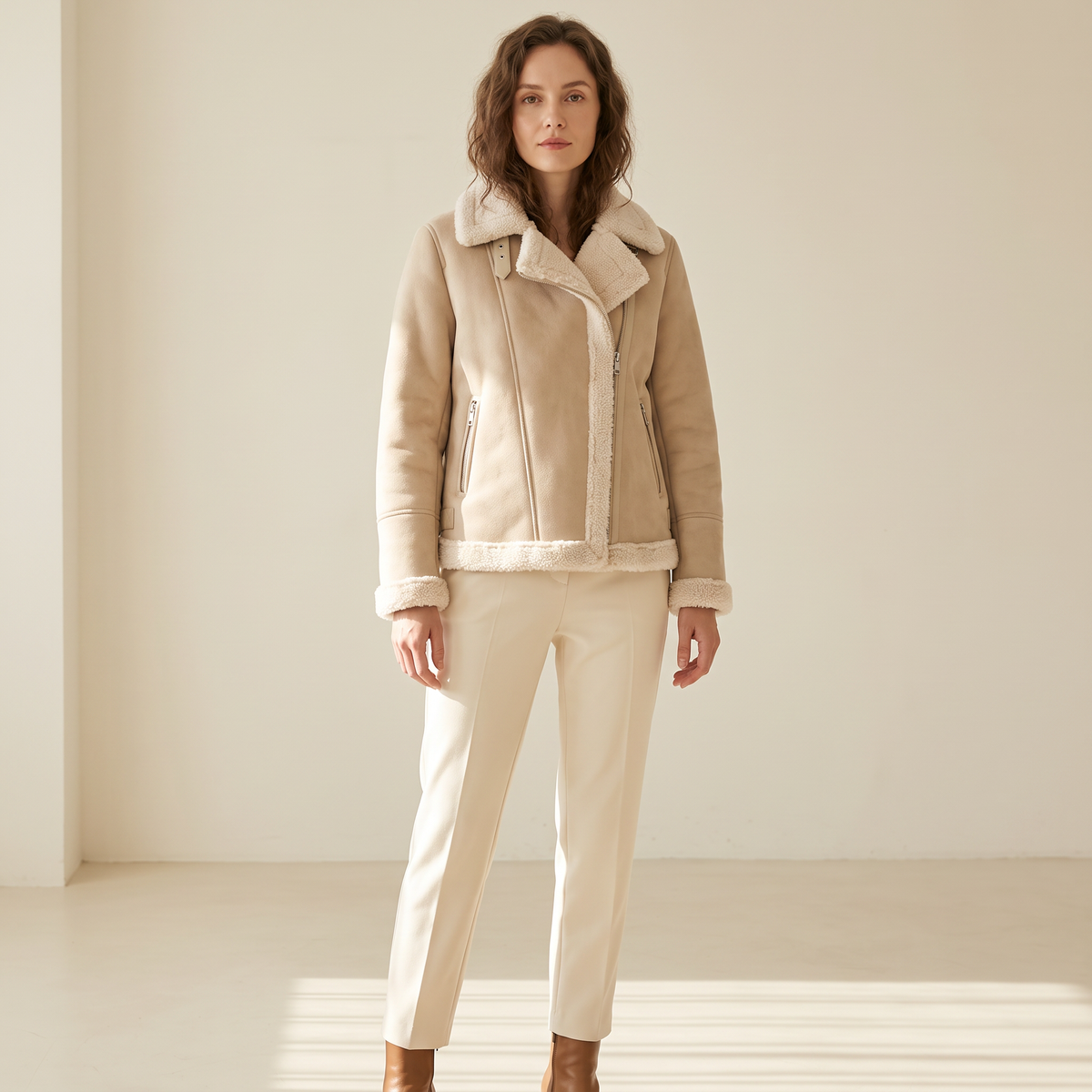 Cappotto donna corto effetto scamosciato beige indossato a figura intera
