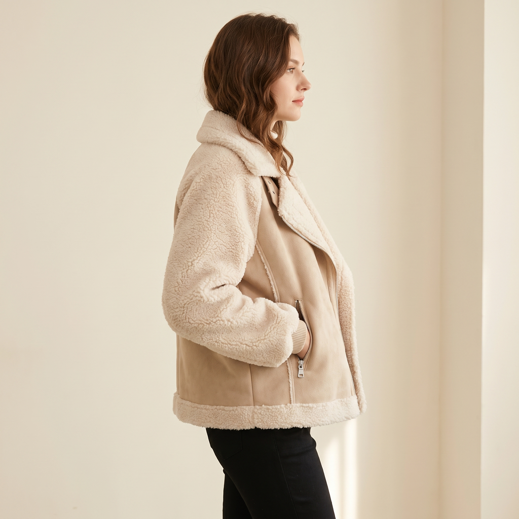 Vista laterale del cappotto donna corto effetto scamosciato beige