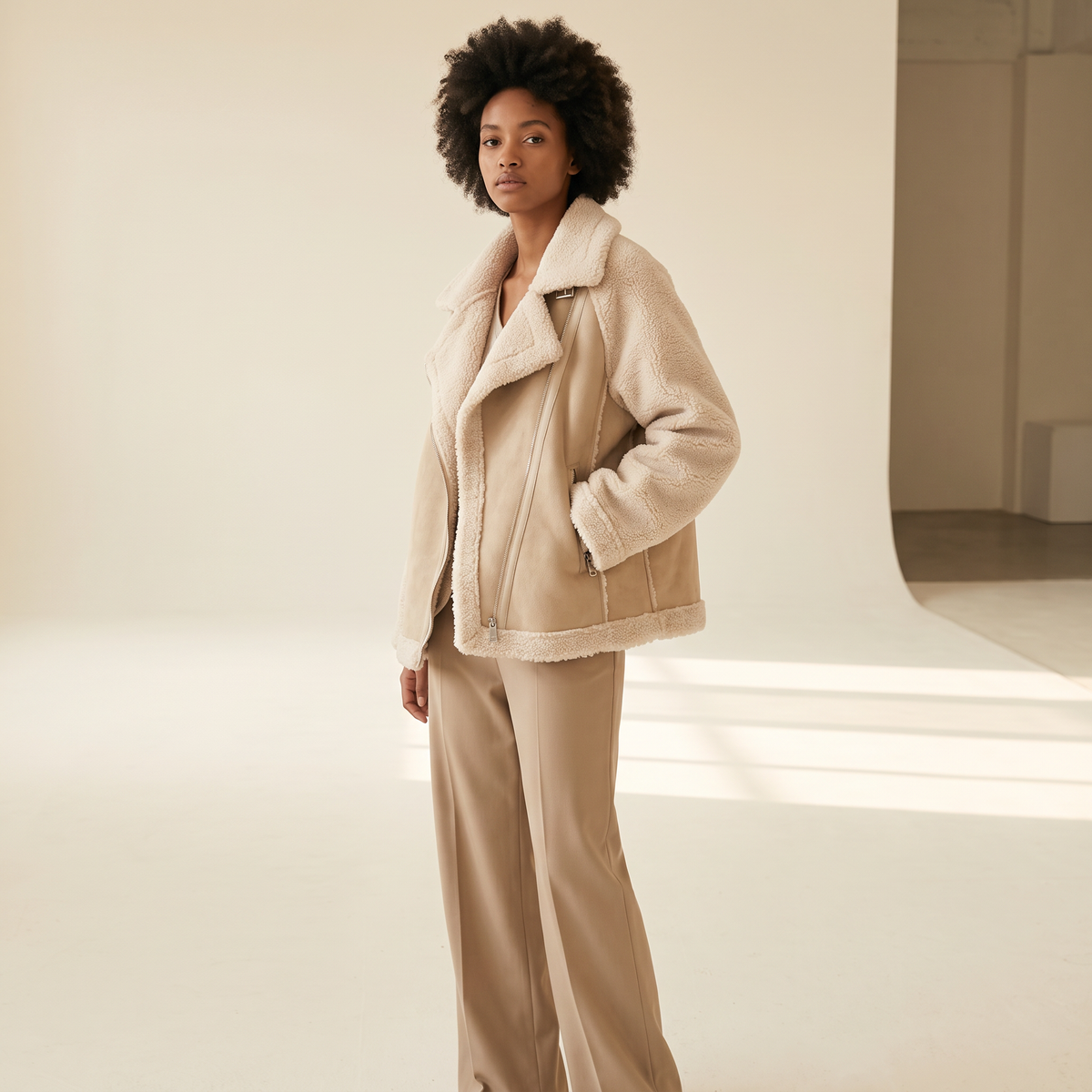 Cappotto donna beige effetto scamosciato indossato con pantaloni sartoriali