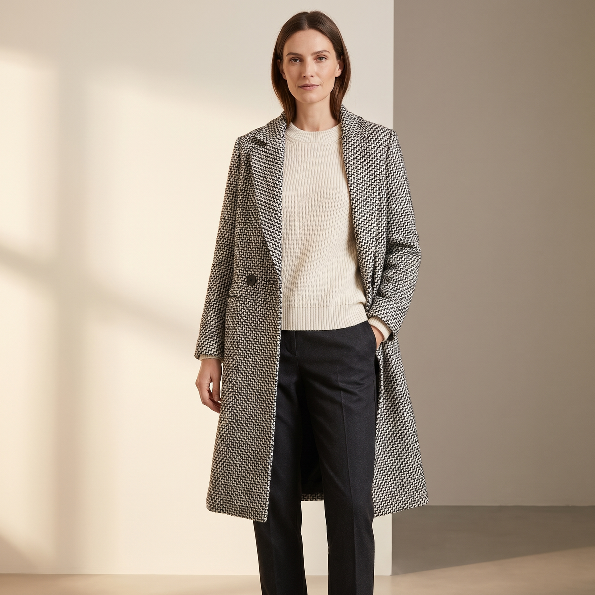 Cappotto donna lungo in lana in Bianco e nero, look completo