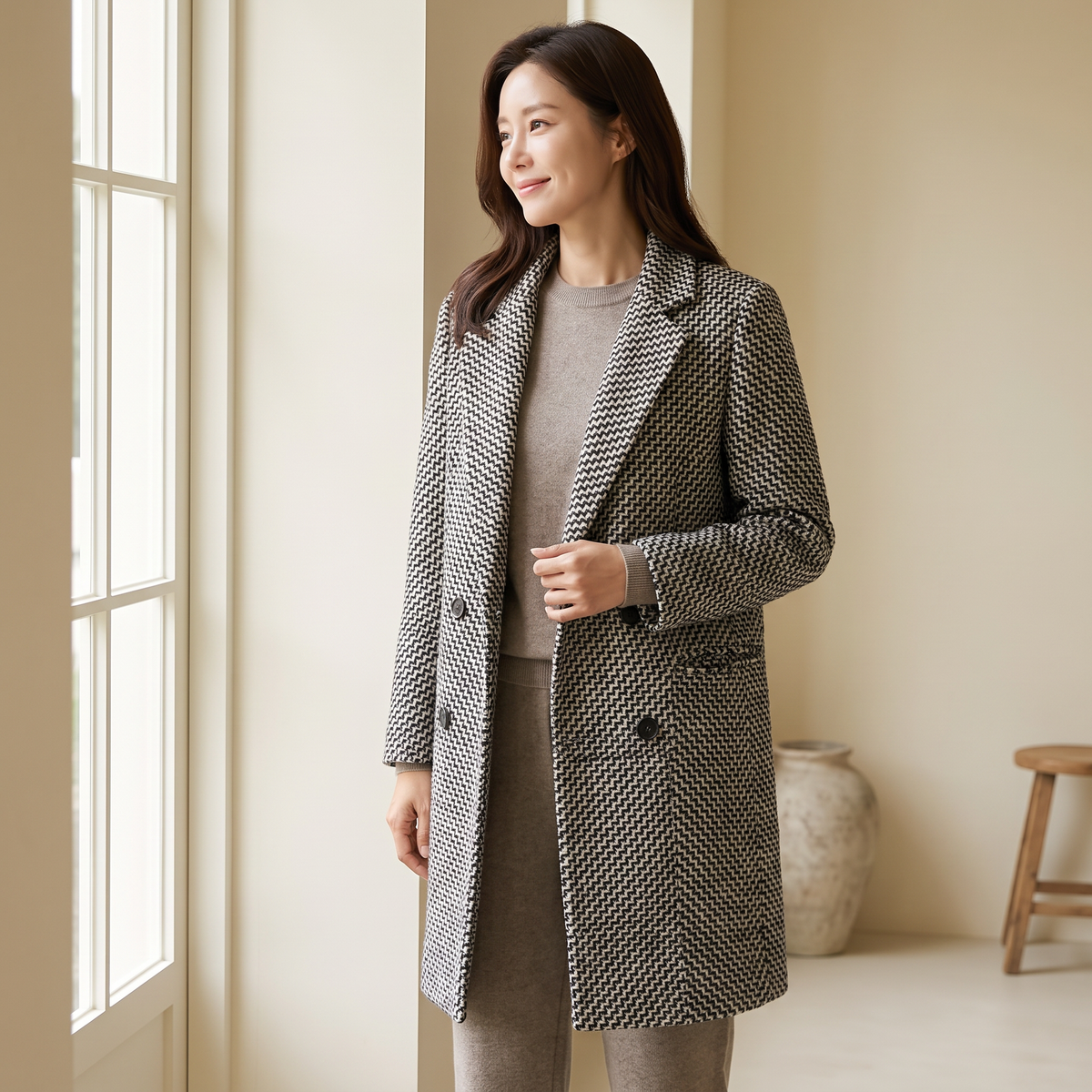 Cappotto donna lungo in lana in Bianco e nero, immagine lifestyle