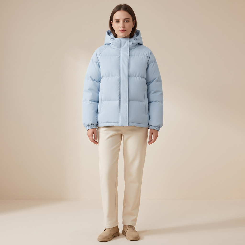 Cappotto donna lungo imbottito con cappuccio indossato