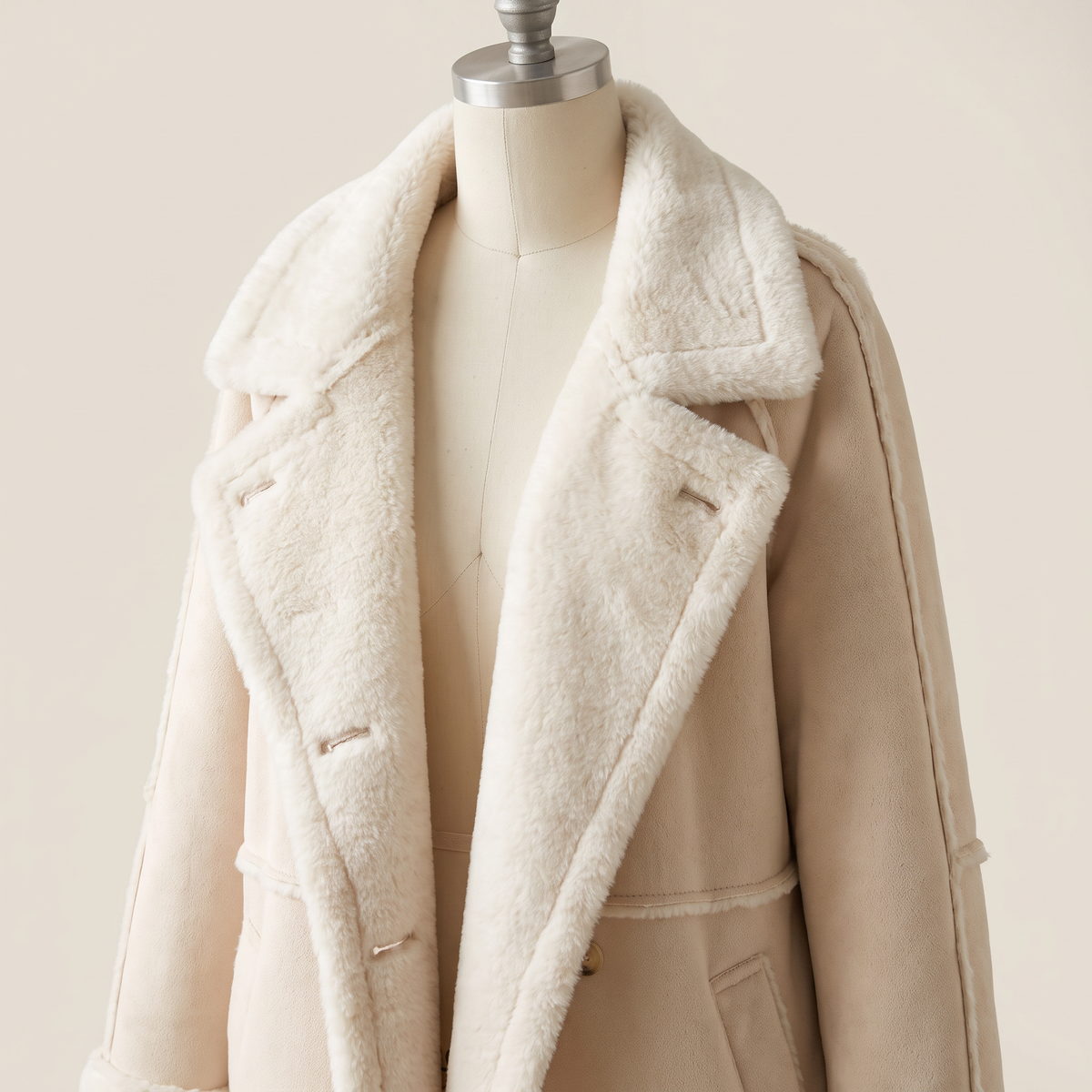 Dettaglio del collo e dello scollo del cappotto donna lungo in pile beige