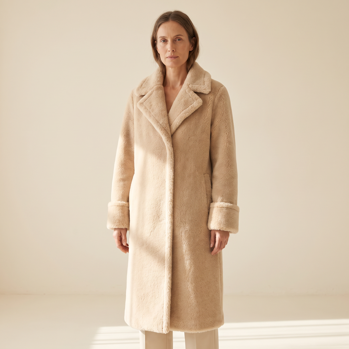 Cappotto donna lungo in pile beige indossato a figura intera
