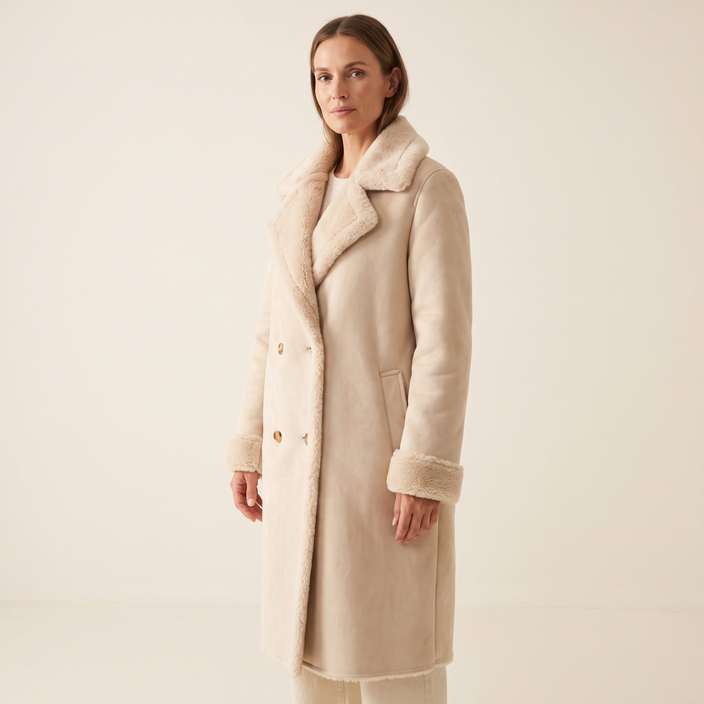 Cappotto donna lungo in pile beige indossato, vista tre quarti