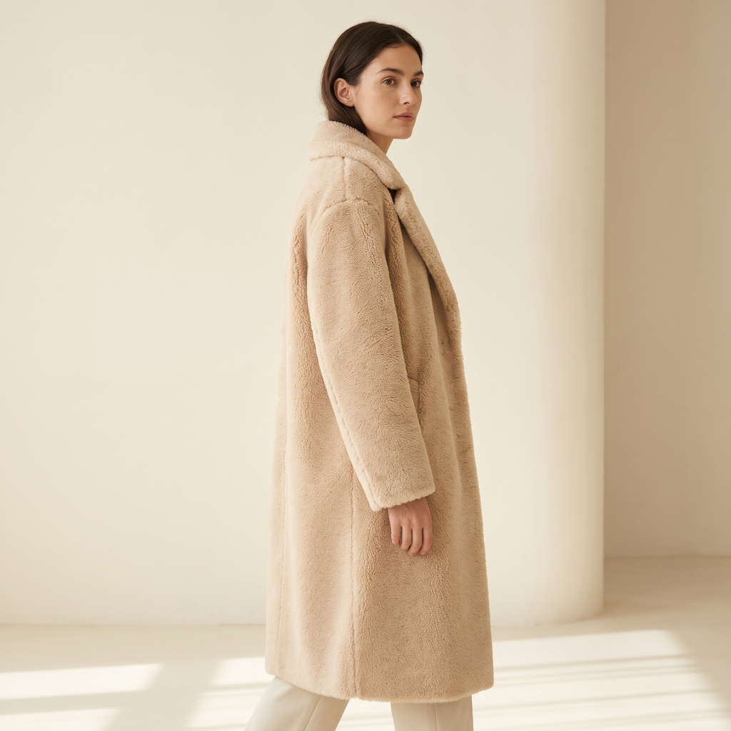 Vista laterale del cappotto donna lungo in pile beige