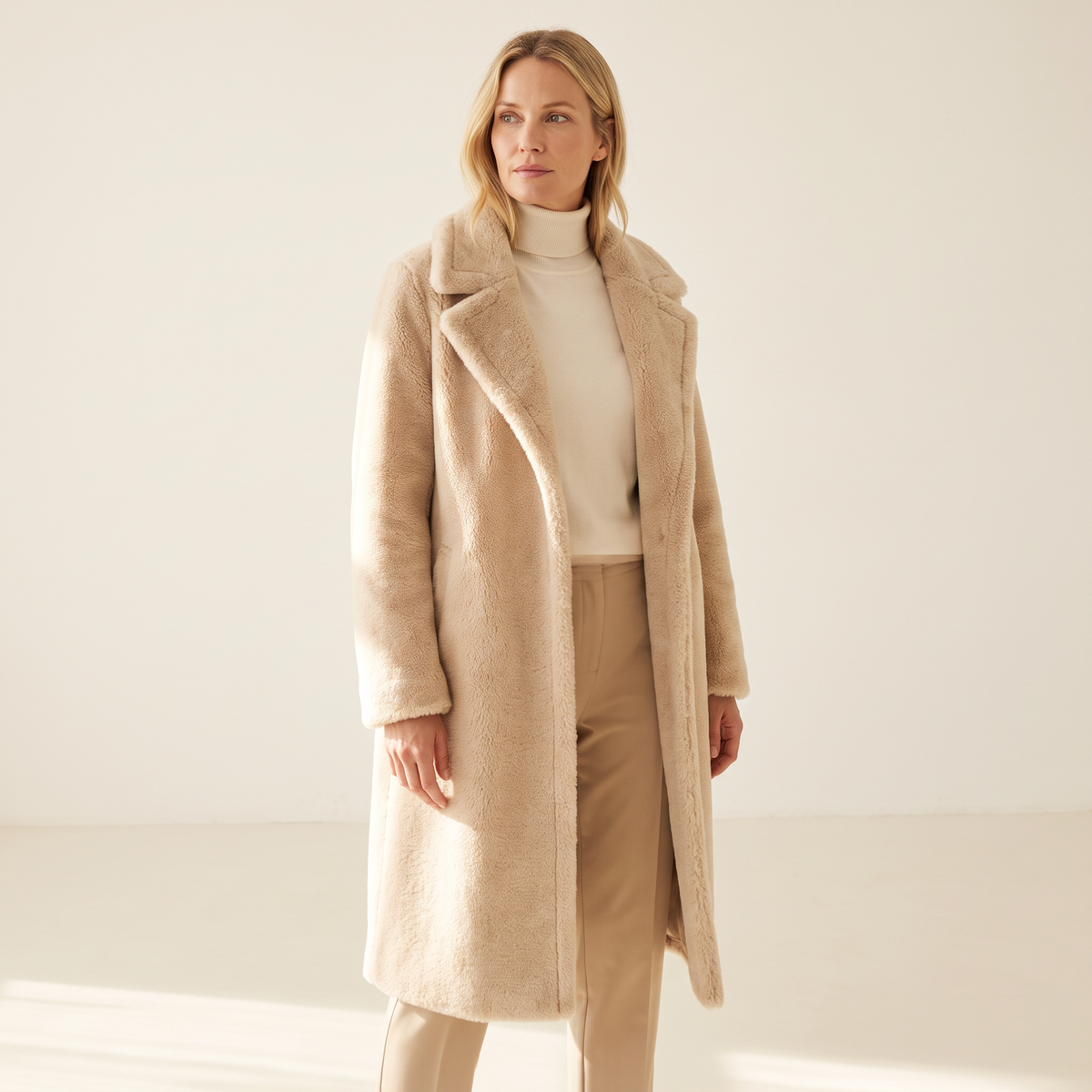 Cappotto donna lungo in pile beige indossato su un maglione fine