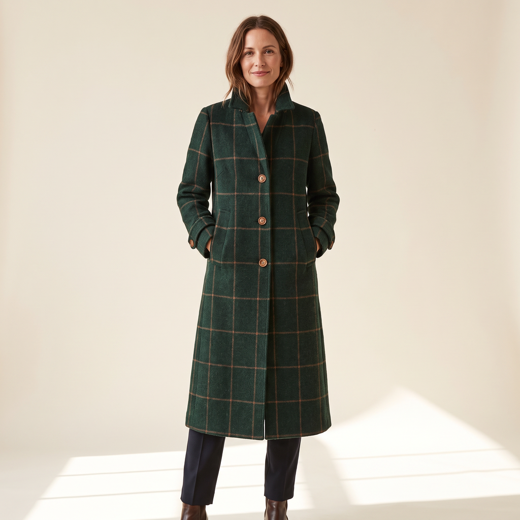 Cappotto donna lungo a quadri verde scuro indossato a figura intera