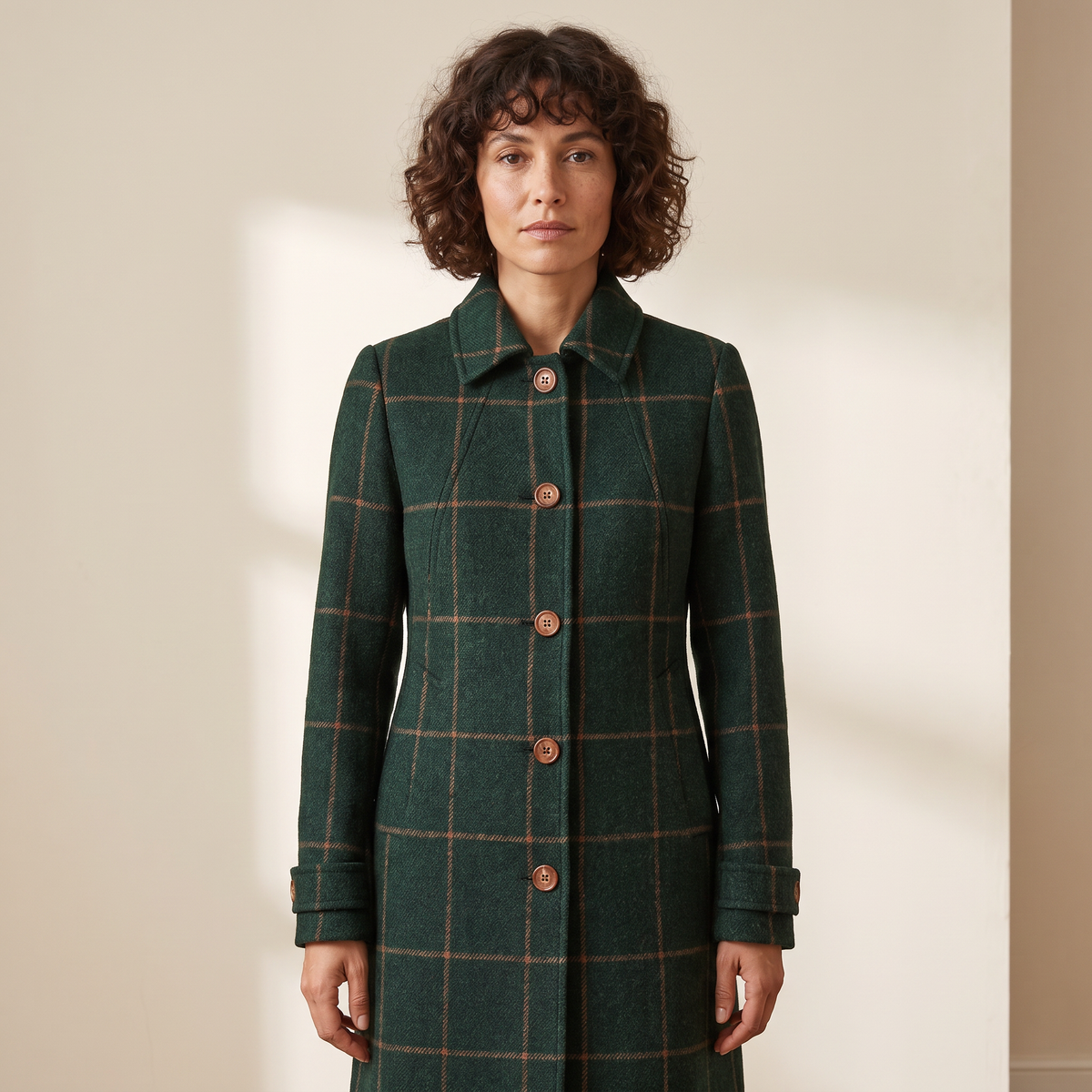 Cappotto donna lungo a quadri verde scuro con colletto strutturato, indossato
