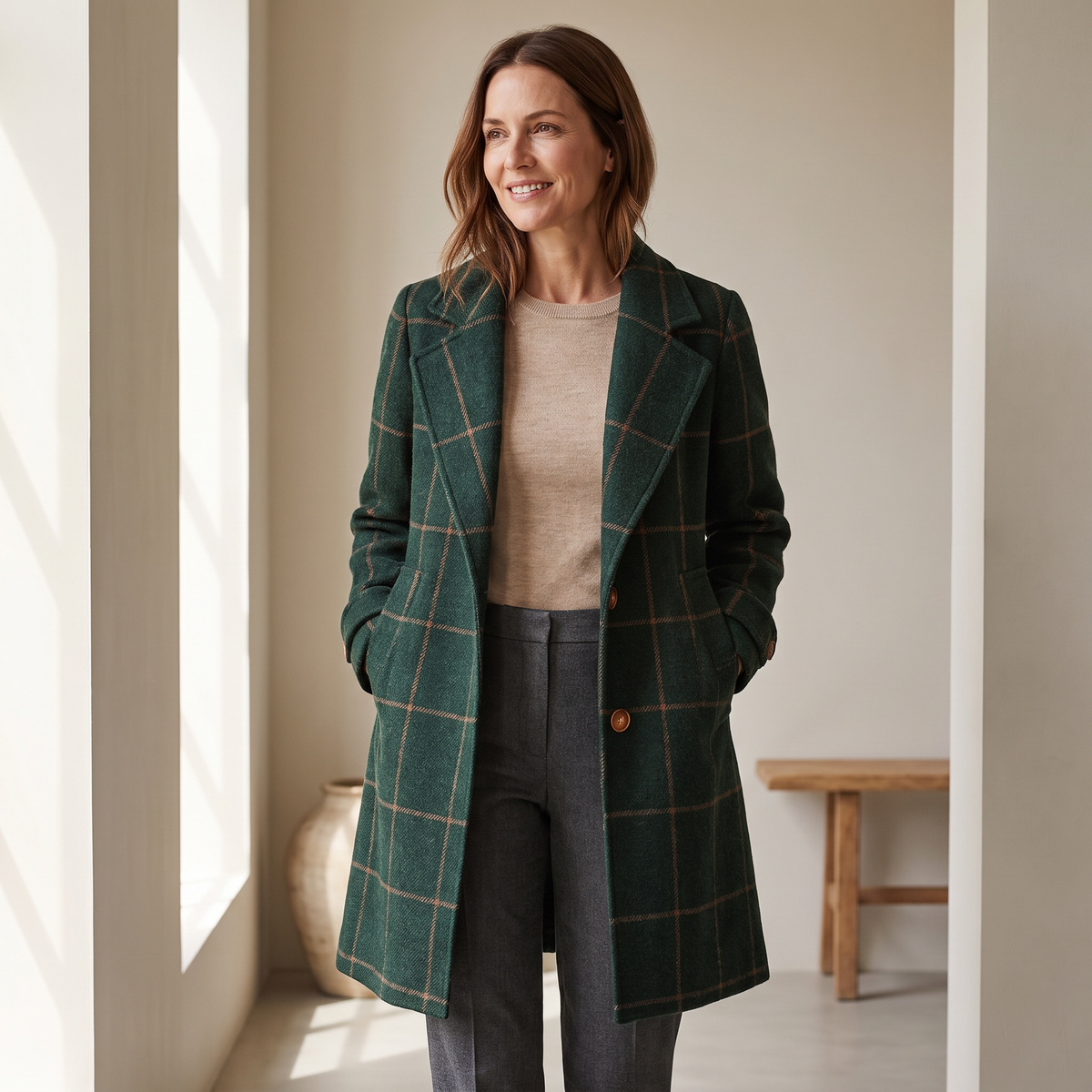 Cappotto donna a quadri verde scuro indossato aperto su pantaloni sartoriali