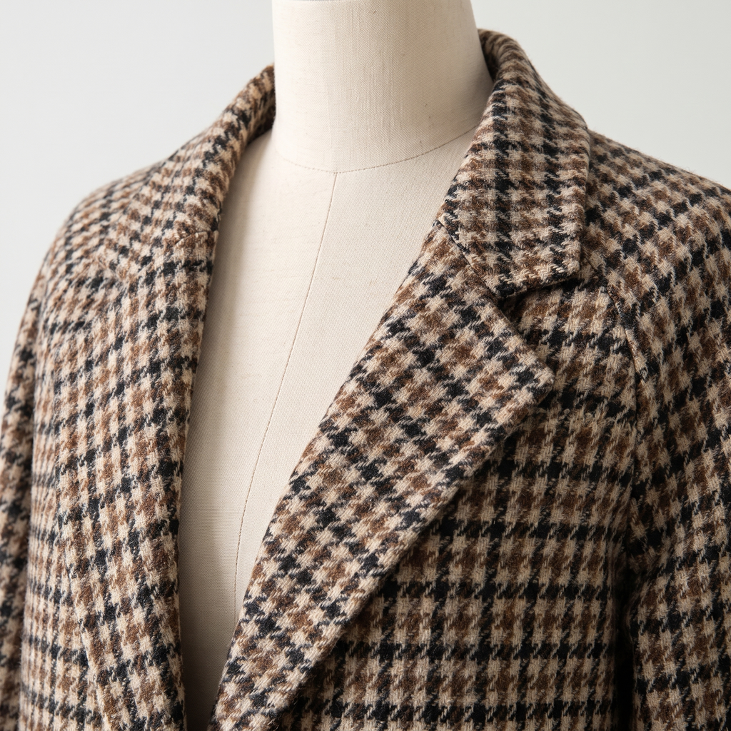 Dettaglio del collo a revers e del motivo pied-de-poule del cappotto donna marrone