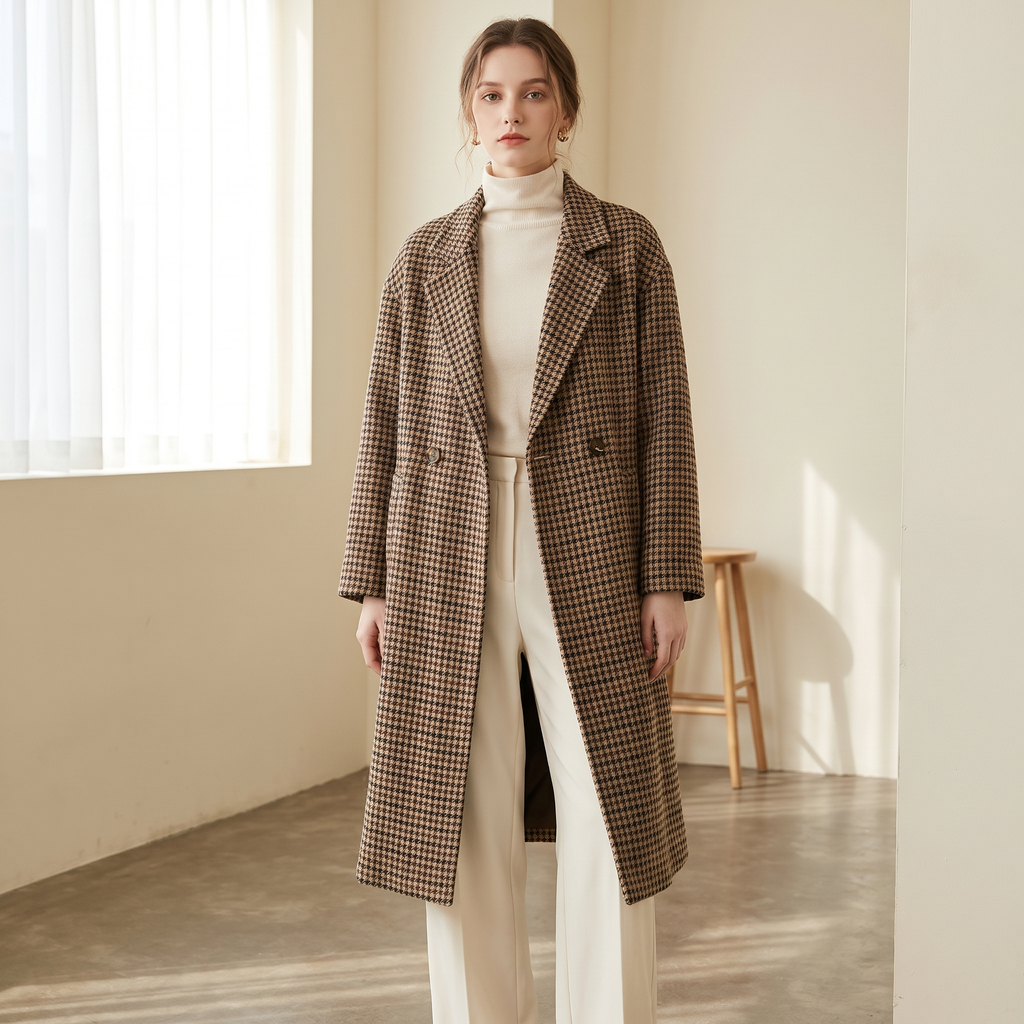 Cappotto donna lungo pied-de-poule marrone indossato, figura intera