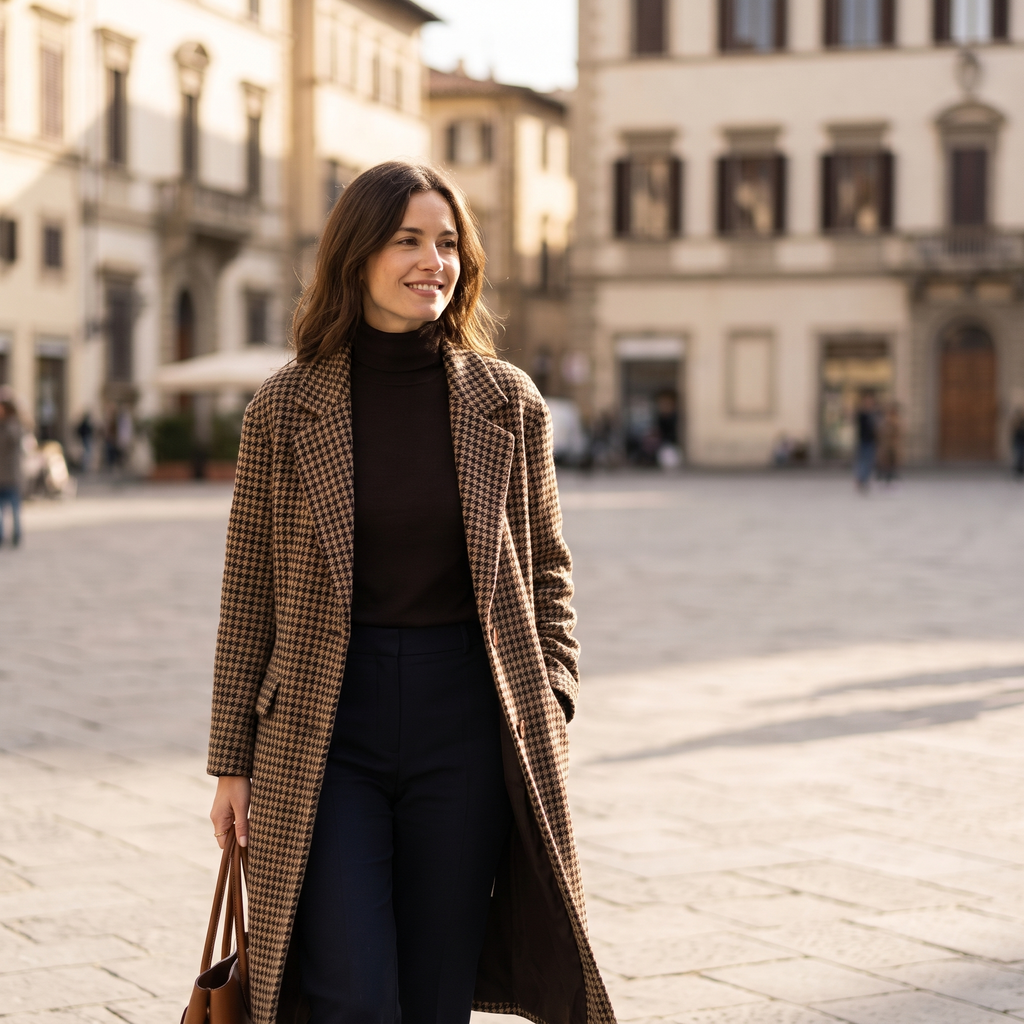 Cappotto donna lungo pied-de-poule marrone indossato all'aperto