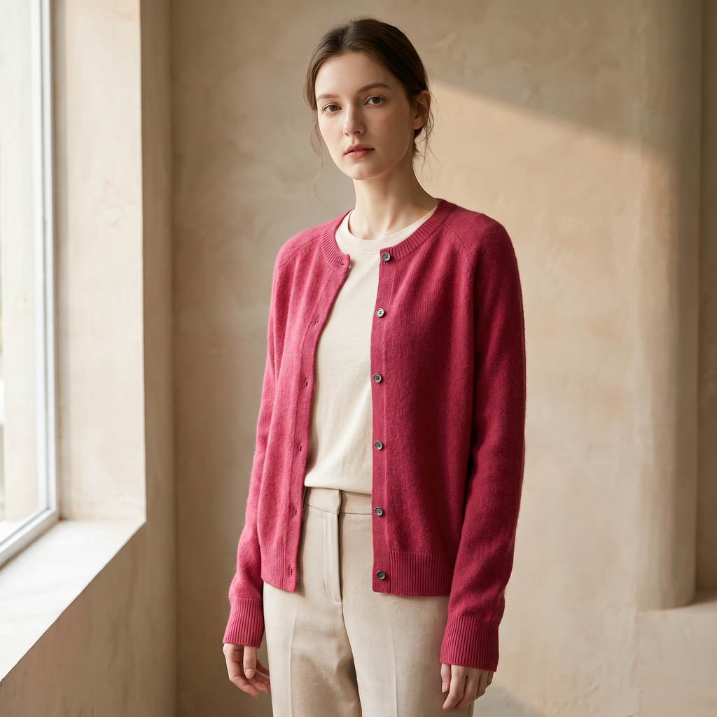 Modella indossa il cardigan donna lungo in un interno luminoso